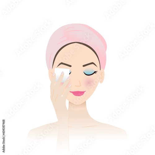 Cute woman remove makeup from face vector on white background. Step of makeup removal with remover cotton pad, removing eye makeup, foundation, blush and lip color. Skin care and beauty concept.