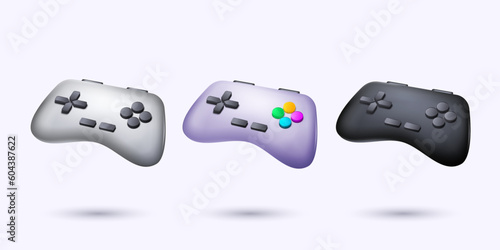 3d game joystick. Control gamer toy, game pad for play in videogames, video joypad render isolated elements different colors, joy pad device. Computer devices with buttons vector cartoon object