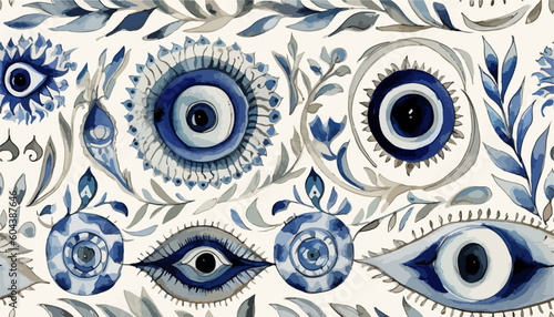 Watercolor greek evil eye pattern on a really light cream background. Different shapes. Flat design. Free hand drawing style. Contemporary modern trendy vector illustrations