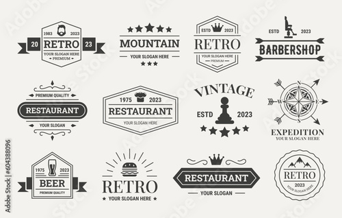 Retro hipster logo. Design label elements. Seal and old emblem. Typography text in logotype. Flourish and ribbon. Barbershop or restaurant icons. Vector vintage decoration stamps set