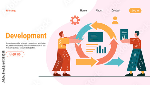 Manage of agile software. Landing page. Methodology of development. Efficient management app. Cycle infographic. Workflow diagram. Business concept. Vector website interface template