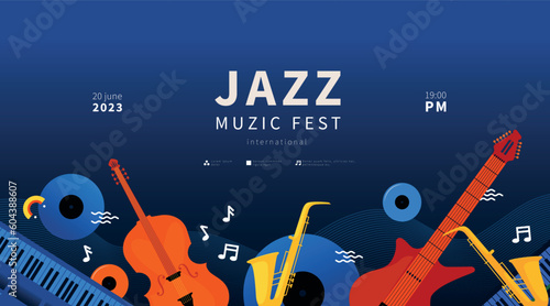 Lazy music background. Jazz poster with instruments, night band horizontal web banner, concert flyer with copy space, festival party elements. Orchestra graphic cover. Vector abstract concept