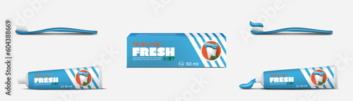 Realistic toothpaste package, toothbrush with paste. 3d tube box, hygiene brush, dentist mouth care, oral ointment. Tooth and spearmint leaves on packaging, product vector realistic mockup