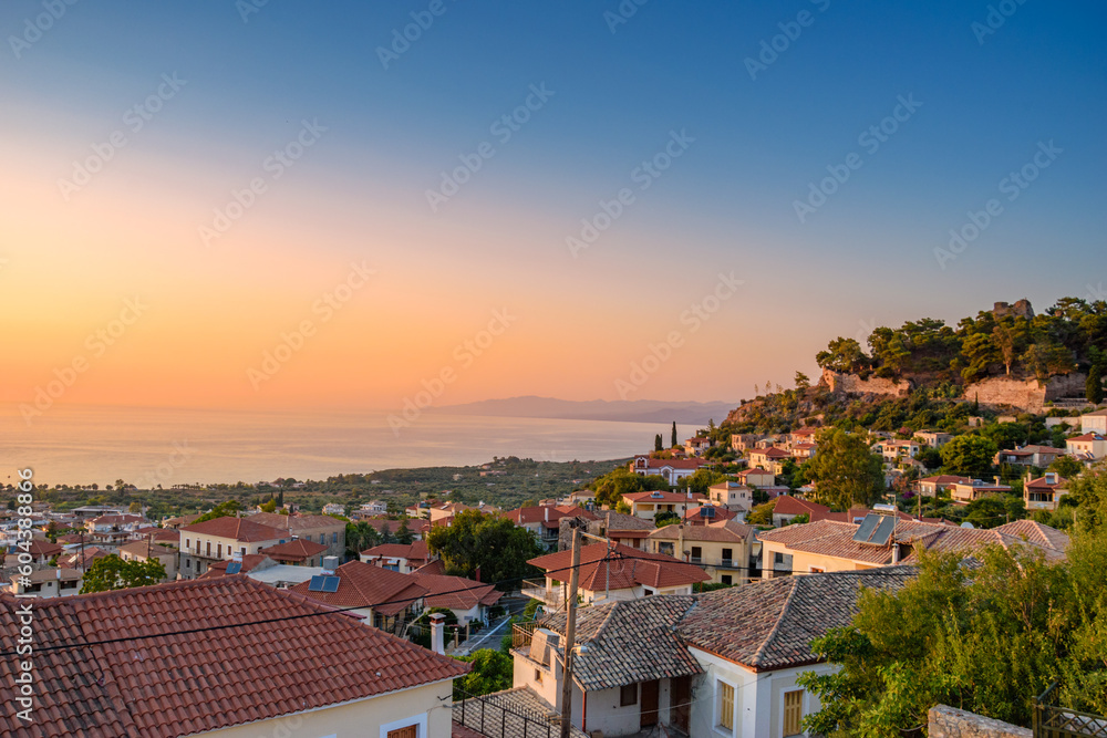 Sunset view over the picturesque coastal town of Kyparissia located in northwestern Messenia, Trifylia, Peloponnese, Greece.