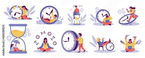 Computer work. Time management. Schedule control by watch. People with timer and hourglass. Efficient worker. Productive office organize. Tasks or goals planning. Vector concepts set
