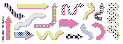 Arrows flat set. Abstract arrow with simple patterns. Memphis design, colorful cartoon trendy sign for banner, presentation or infographic. Direction icons, route pointers vector outline icons