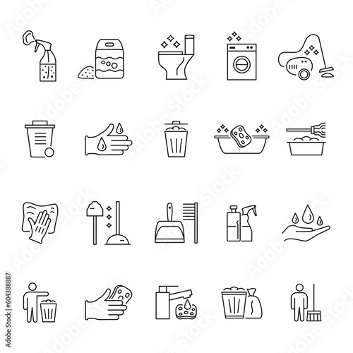 Cleaning service. Line household icons. Wet wipe dust. Vacuuming and mopping. Cleaner spray bottle. Hygiene equipment for laundry. House cleanup. Vector housekeeping flat symbols set