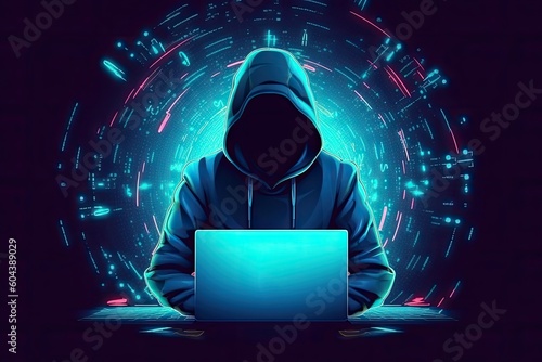hacker stealing data .  Anonymous cute hacker. Concept of hacking cybersecurity, cybercrime, cyberattack . hacker with laptop computer