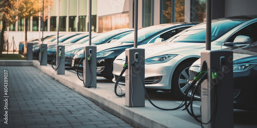 Futuristic Concept. Illustration of Electric Vehicle Charging Station with Cars. Generative AI