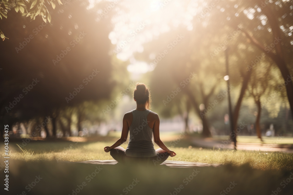 African American woman doing yoga in the morning in the park. Photorealistic illustration generative AI.