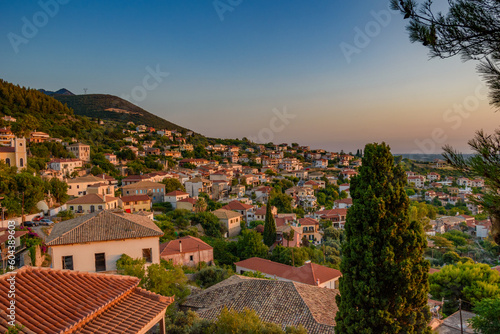 Fototapeta Naklejka Na Ścianę i Meble -  Beautiful sunset view by the historical castle of Kyparissia coastal town at sunset. Located in northwestern Messenia, Peloponnese, Greece, Europe.