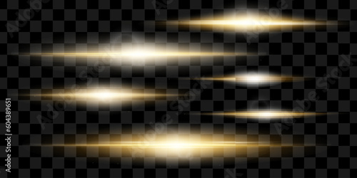 Horizontal light rays, flash yellow horizontal lens flares pack, laser beams, glow yellow line on transparent background, beautiful light flare, bright gold glare, vector illustration, eps 10.
