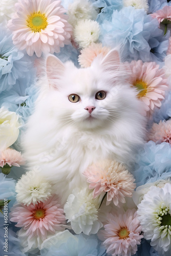 Beautiful White Cat on Floral Background. Generative ai