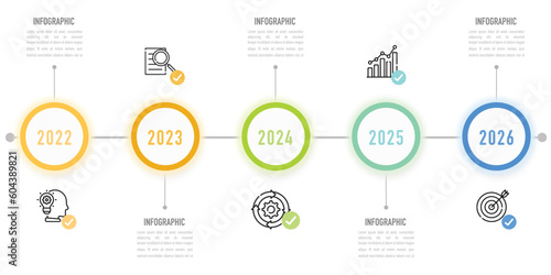 Circular timeline infographic template or element with 5 years, step, process, option, colorful circle, 2022, 2023, 2024, 2025, 2026, icons, modern, minimal style for sale slide, planner, journey, web