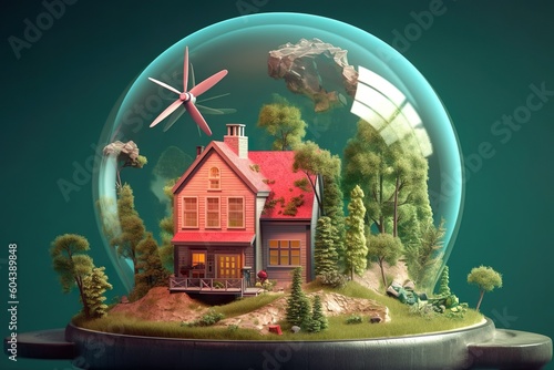 3D render of a house in a glass sphere with a windmill and trees, a miniature world created with Generative AI