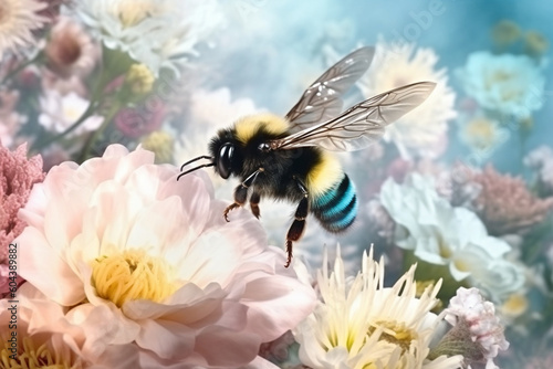 Dream Like Illustration of Honey Bee Flying Around Beautiful Flowers. Generative ai