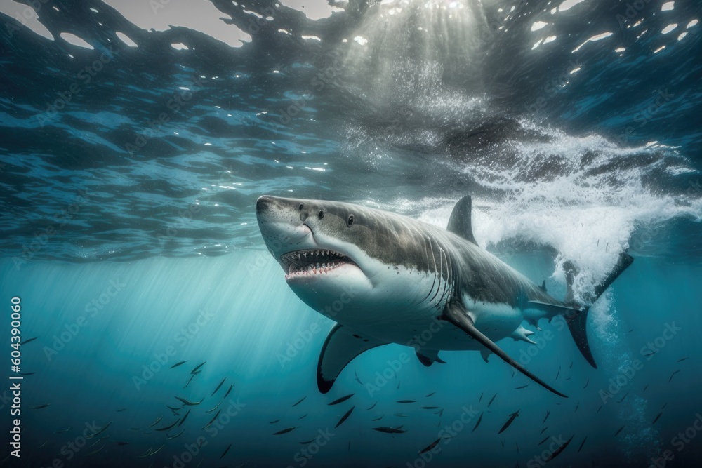 Naklejka premium A great white shark swims with its mouth open in the ocean