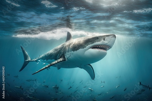 A great white shark near the surface next to a fish in the blue ocean