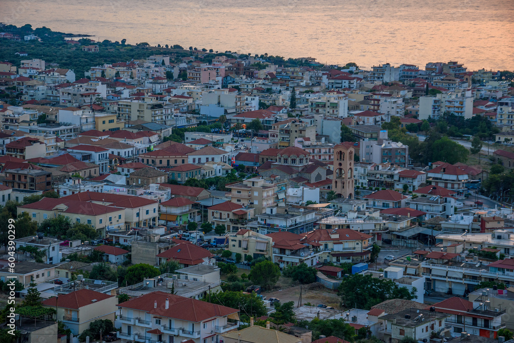 Fototapeta premium Beautiful sunset view by the historical castle of Kyparissia coastal town at sunset. Located in northwestern Messenia, Peloponnese, Greece, Europe.
