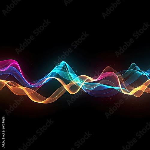 Wave sound made of light on black background,AI generated.