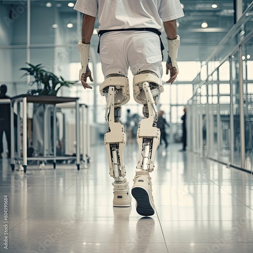 Man getting physical therapy on a robot machine to recover movement on her legs at the hospital,AI generated.
