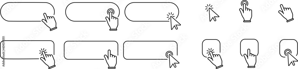 Click cursor set button with hand pointer clicking. Click here web button sign. Vector illustration - obrazy, fototapety, plakaty 