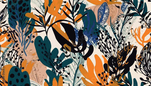 Modern abstract exotic plants pattern. Collage contemporary seamless pattern. Hand drawn ethnic style pattern