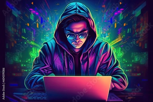 hacker stealing data .  Anonymous cute hacker. Concept of hacking cybersecurity, cybercrime, cyberattack . hacker with laptop computer