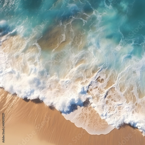 Ocean waves on the beach as a background. Beautiful natural summer vacation background holiday. Aerial top down view of beach and sea with blue water