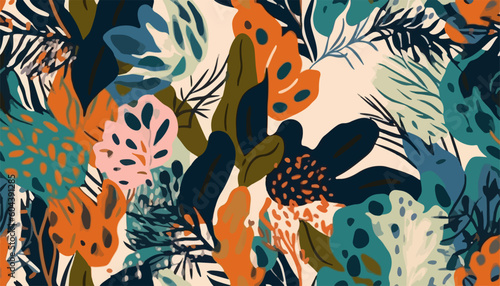 Modern abstract exotic plants pattern. Collage contemporary seamless pattern. Hand drawn ethnic style pattern