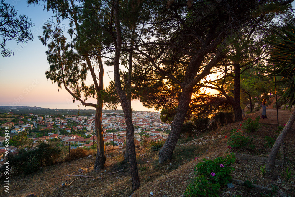Beautiful sunset view from the historical castle of Kyparissia coastal town at sunset. Located in northwestern Messenia, Peloponnese, Greece, Europe Beautiful sunset view from the historical castle of Kyparissia coastal town at sunset. Located in northwestern Messenia, Peloponnese, Greece, Europe