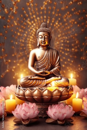 A generated image of Buddha meditating with lotus and candles.  Generative AI 