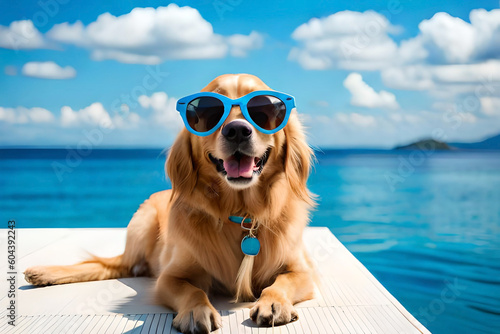 Funny cheerful dog in sunglasses on the background of blue water, outdoor pool, copy space. Beach vacation and travel concept © Beste stock