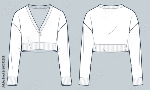 Zip Up Cardigan technical fashion illustration. Cropped knit Cardigan fashion flat technical drawing template, v neck, long sleeve, front and back view, white, women, men, unisex CAD mockup.