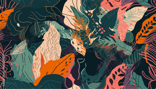 Trendy exotic jungle plants illustration pattern. Creative collage contemporary floral seamless pattern. Fashionable template for design