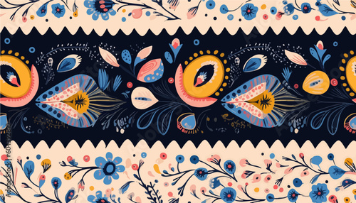 Ukrainian national style ornament abstract floral pattern. Collage contemporary hand drawn print