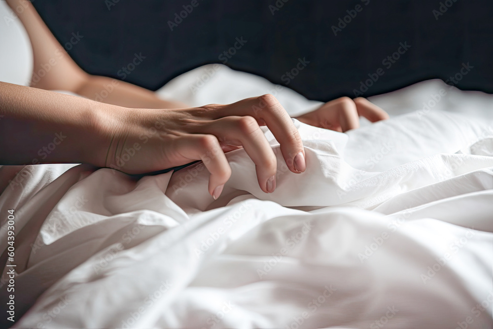 Female hand on soft bed pulling white sheets on bedroom hotel. Pleasure, erotic, ecstasy, orgasm, sex, intimacy and love and concept. Generative AI. Female hand on soft bed pulling white sheets on bedroom hotel. Pleasure, erotic, ecstasy, orgasm, sex, intimacy and love and concept. Generative AI.