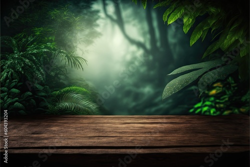 wooden table  product placement  green nature  garden background  grassy foreground wooden table  blurred green nature