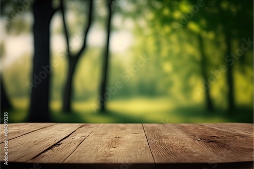 wooden table, product placement, green nature, garden background, grassy foreground wooden table, blurred green nature