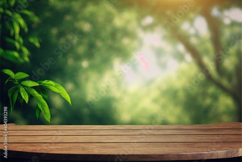 wooden table, product placement, green nature, garden background, grassy foreground wooden table, blurred green nature