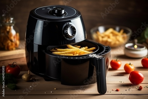 Black air fryer with tasty fries product photography. Ai generated