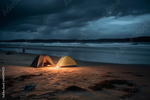 Relaxing and cozy tent camping on the beach. Ai generated