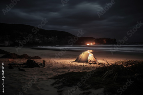 Relaxing and cozy tent camping on the beach. Ai generated