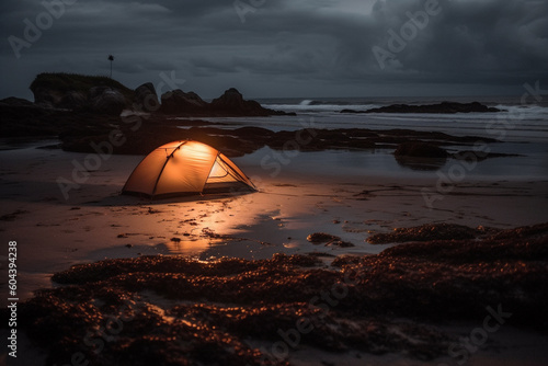 Relaxing and cozy tent camping on the beach. Ai generated