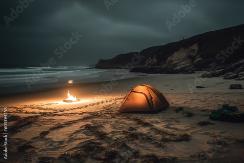 Relaxing and cozy tent camping on the beach. Ai generated