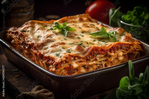 Italian lasagna product photography with natural light. Ai generated