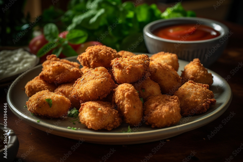 Plate of freshly cooked chicken nuggets product photography. Ai generated Plate of freshly cooked chicken nuggets product photography. Ai generated