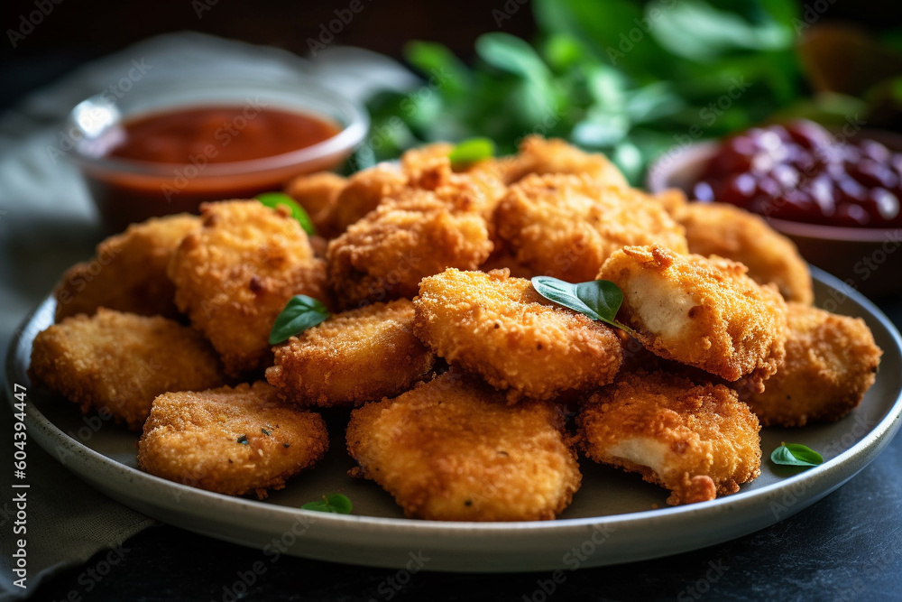 Plate of freshly cooked chicken nuggets product photography. Ai generated Plate of freshly cooked chicken nuggets product photography. Ai generated