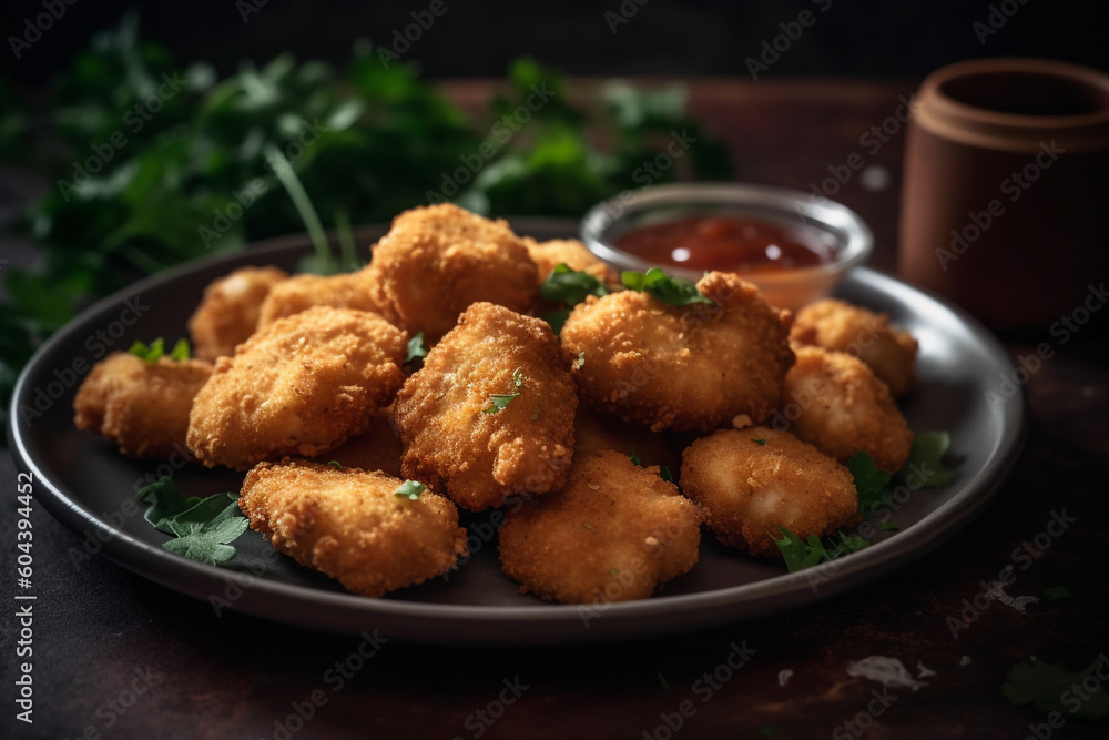 Fototapeta premium Plate of freshly cooked chicken nuggets product photography. Ai generated