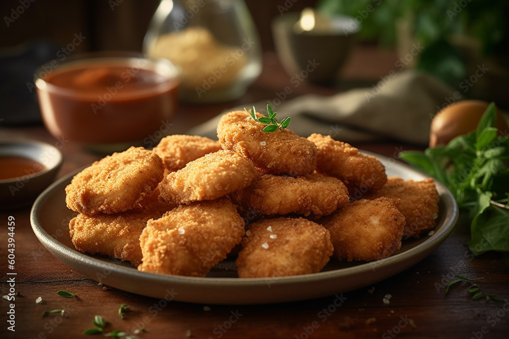 Plate of freshly cooked chicken nuggets product photography. Ai generated Plate of freshly cooked chicken nuggets product photography. Ai generated